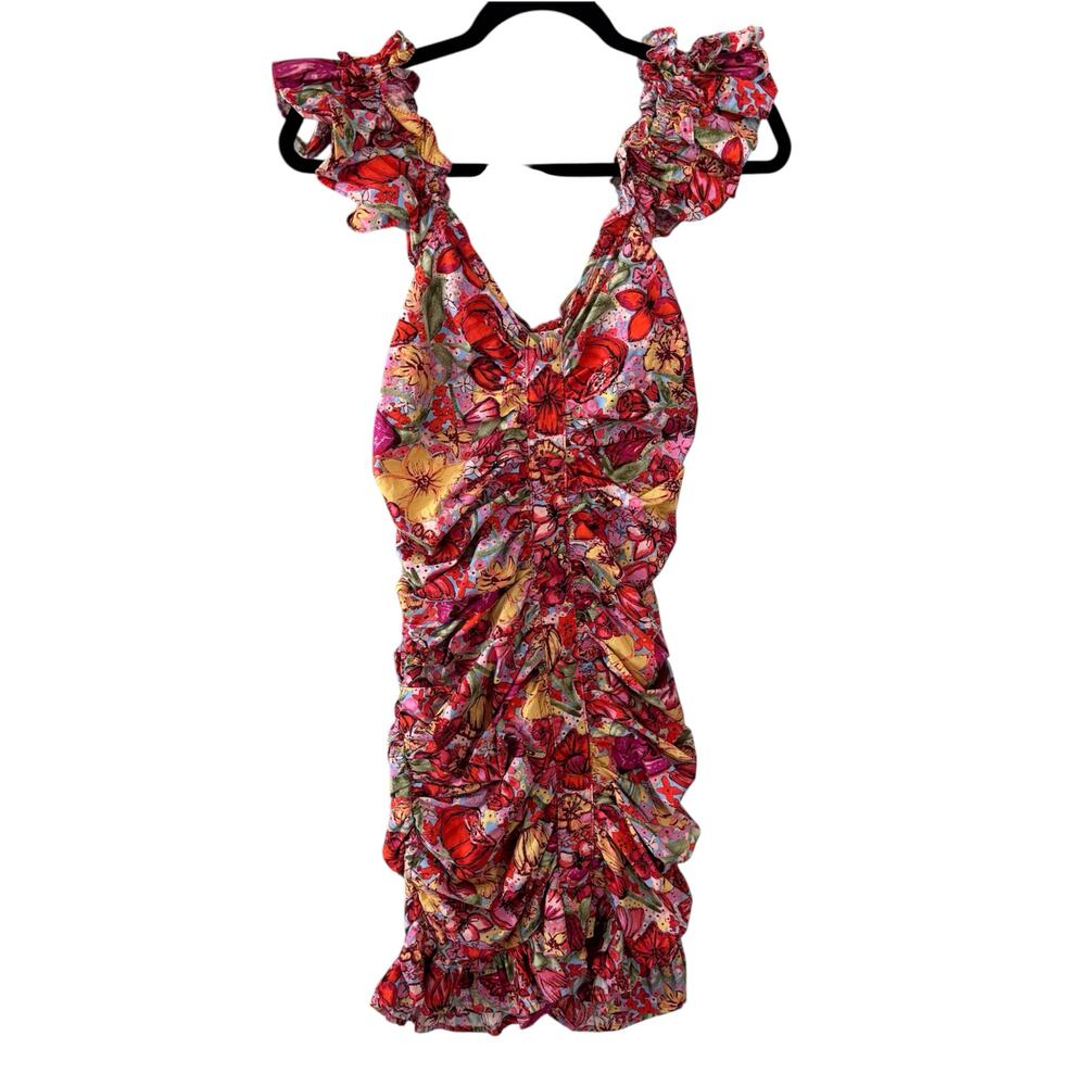 Dress Forum Los Angeles Pink Floral Bodycon Contour Ruffle Mini Dress Sz Medium